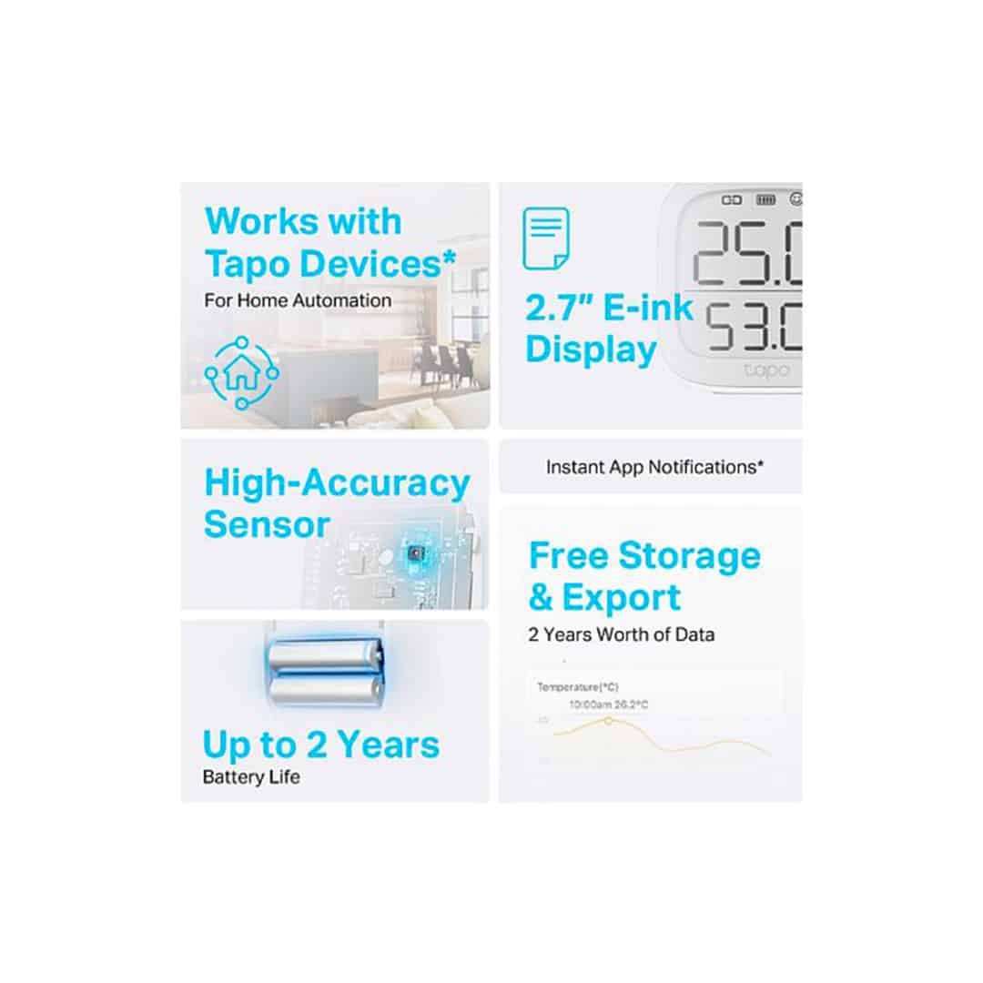  TP-Link Tapo Smart Temperature and Humidity Monitor, Requires Tapo  Hub, 2.7 E-Ink Display, Swiss-Made Sensor, Long-Lasting Performance, Real-Time Notification, Visual Graphics